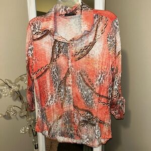 David Cline Women's Button-Down Shirt - Coral/Animal Print/chains